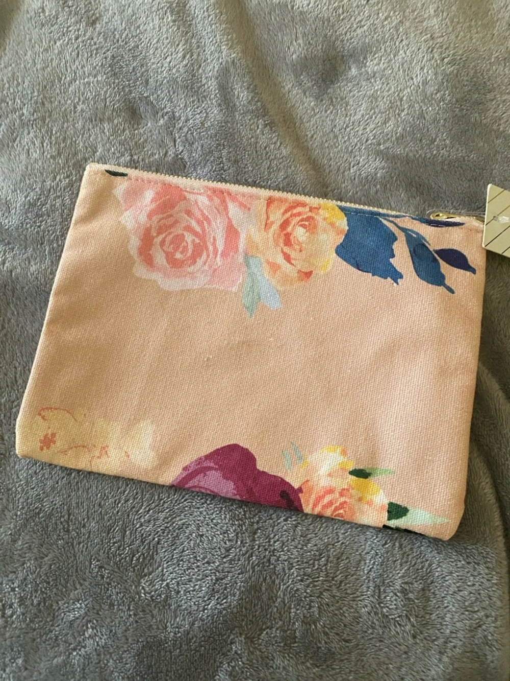 Three Two One  cotton Floral Zip Pouch - Peach Pink with Burgundy Blooms‎ NWT